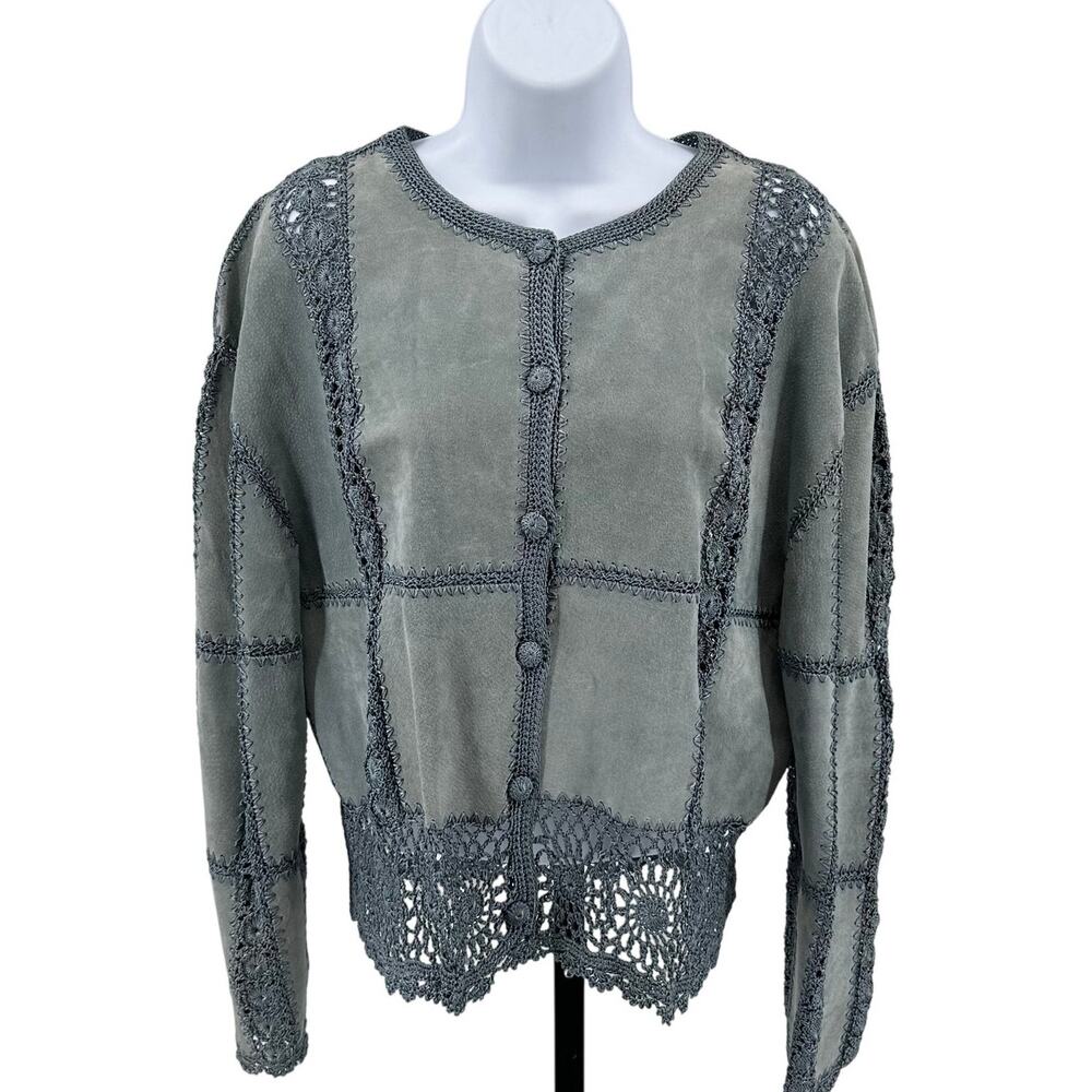 IDI By Mathew Jacket Teal Womens L Leather Crochet Trim Button Down Western VTG